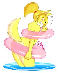 1girls 2023 anthro artist_name ass breasts butt dated embarrassed embarrassed_nude_female enf female female_only fur furry furry_female furry_only galajo in_water innertube solo solo_female solo_focus tail water white_background yellow_fur