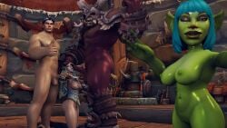 2boys 2girls 3d bellakvo big_penis blizzard_entertainment blonde_hair blue_eyes cum cum_in_mouth cum_on_tongue cumshot dark-skinned_male dark_skin goblin goblin_(warcraft) goblin_female handjob holding_head interspecies jaina_proudmoore kneeling light-skinned_female light-skinned_male light_skin mag'har_orc orc orc_(warcraft) orc_male orced selfie thumbs_up v warcraft white_hair wink world_of_warcraft