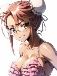 1girls ai_generated artist_request big_breasts bikini breasts busty cleavage double_bun female female_only frilled_bikini grin hi_res highschool_of_the_dead large_breasts looking_at_viewer pink_bikini pink_hair saya_takagi smile solo swimsuit yellow_eyes