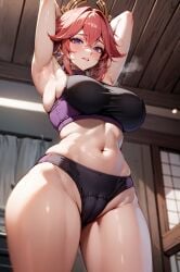 ai_generated animal_ears armpits belly_button big_breasts blush breasts cameltoe female female_only fox_ears genshin_impact gym_uniform long_hair looking_down midriff nipple_bulge pink_hair purple_eyes solo solo_female sports_bra sportswear steamy_breath suicidespit thick_thighs thighs wide_hips yae_miko