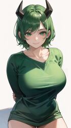 1girls ai_generated anyanythingarts arms_behind_back big_breasts bull_horns bullish_candlestick cute female female_focus female_only from_above green_eyes green_hair green_shirt hourglass_figure huge_breasts humanized large_breasts light_smile smile solo solo_female solo_focus