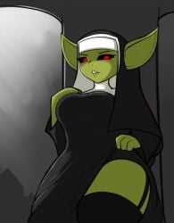 big_ears black_sclera breasts eyelashes goblin goblin_female green_skin kierus leg_garter lifting_dress nun nun_outfit pointy_ears red_eyes sharp_teeth stockings