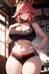 ai_generated animal_ears belly_button big_breasts blush breasts cameltoe cleavage female female_only fox_ears genshin_impact large_breasts long_hair looking_at_viewer midriff nipple_bulge pink_hair purple_eyes smiling_at_viewer solo solo_female sports_bra sportswear suicidespit sweat thick_thighs thighs wide_hips yae_miko