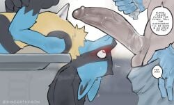 2boys big_penis black_body blue_fur blush doctor english_dialogue english_text gay imminent_deepthroat imminent_oral large_penis lucario male male/male male_only musk nintendo pokémon_(species) pokemon pokemon_(species) quality red_eyes sincastermon sword_swallowing_position veiny_penis