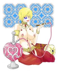 alternate_costume armlet big_breasts blonde_hair bracelets choker clown_makeup donquixote_rosinante facepaint female female_only genderswap_(mtf) gold_jewelry harem_outfit hookah jewelry lipstick lots_of_jewelry makeup miyb6 necklace nipple_piercing nipple_rings one_piece red_lipstick rule_63 short_hair sitting smoking solo very_short_hair