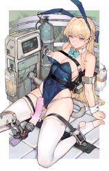 absurdres animal_ears arm_support blonde_hair blue_archive blue_eyes blue_leotard bondage bound breasts bunny_ears bunnysuit cleaning_&_clearing_(blue_archive) crystal_haniwa_(blue_archive) cuffs dildo female halo haniwa_(statue) highres imminent_penetration imminent_sex iuui lactation large_breasts leotard long_hair mechanical_fixation milking_machine nipples playboy_bunny rabbit_ears sex_machine sex_toy solo strapless strapless_leotard thighhighs toki_(blue_archive) toki_(bunny)_(blue_archive) white_thighhighs wrist_cuffs