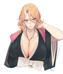 1girls arm_behind_head black_kimono bleach bleach:_the_thousand-year_blood_war blue_eyes breasts cleavage female hair_between_eyes highres huge_breasts japanese_clothes jewelry kimono long_hair looking_at_viewer matsumoto_rangiku mayana_(bbpp) mole mole_under_mouth necklace oppai orange_hair pink_shawl shawl solo tongue tongue_out upper_body voluptuous wavy_hair