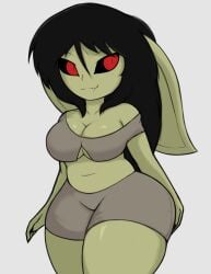 belly belly_button big_ears black_hair black_nails black_sclera breast_freckles breasts cleavage fang freckles goblin goblin_female green_skin hips kierus nails pointy_ears red_eyes sharp_fingernails sharp_nails sharp_teeth thick_thighs thighs tummy wide_hips