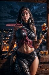 1girls ai_generated athletic_female brown_hair coomette glass human league_of_legends night patch riot_games samira_(league_of_legends) solo stable_diffusion tattoo