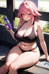 ai_generated animal_ears belly belly_button big_breasts blush breasts cleavage female female_only fox_ears genshin_impact long_hair midriff pink_eyes purple_eyes sitting solo solo_female sports_bra sportswear suicidespit sweat thick_thighs thighs thong wide_hips yae_miko