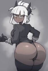 ai_generated annoyed big_ass dark-skinned_female demon demon_girl demon_horns demoness helltaker helltaker_(style) judgement_(helltaker) looking_back thighhighs thong white_eyes white_hair