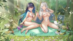 1girls 2girls anastasia_(fate) black_hair blanket blue_eyes blue_hair blush censored completely_nude crossover exhibitionism fate_(series) feet female full_body hand_holding human long_hair medium_breasts multiple_girls nature nude pale_skin picnic punishing:_gray_raven purple_eyes robot scenery selena_(punishing:_gray_raven) straight_hair toes two_tone_hair white_hair yuri