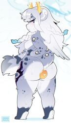 3mangos anthro ass blue_eyes blush breasts buttplug chibi chromapan felid female hair hi_res long_hair looking_at_viewer mammal medium_breasts mouth_closed pantherine plug_(sex_toy) sex_toy snow_leopard solo white_hair