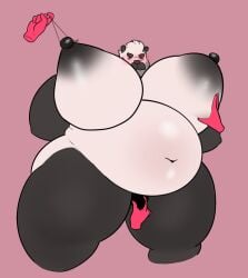 1boy big_areola big_areolae big_belly big_breasts breast_play breasts disembodied_hands furry gay huge_breasts male_focus male_only male_with_breasts milkblend nipple_play nipple_tug panda pom_(milkblend) small_bulge ssbhm superchub tugging_nipple