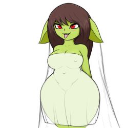 blush breasts bridal_dress bride brown_hair dress goblin goblin_female hourglass_figure kierus nipples nipples_visible_through_clothing pointy_ears red_eyes sharp_teeth shiny_eyes shortstack simple_background thick_thighs tongue tongue_out white_background wide_hips wife