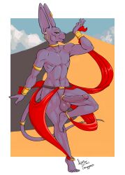 accessory anklet anthro armor balls beerus big_ears blep boner bracers cock_ring dancing desert domestic_cat dragon_ball dragon_ball_super ear_piercing ear_ring erection feet felid feline felis femboy front_view genitals hairless hairless_cat hi_res hoop_ear_ring humanoid_genitalia humanoid_penis jewelry male male_only mammal mostly_nude necklace nightfaux on_one_leg penis penis_accessory penis_jewelry piercing pose ring_piercing sand_dune solo sphynx_(cat) standing tongue tongue_out