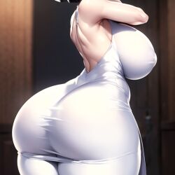 huge_ass huge_breasts the_forbidden_dress white_dress white_legwear white_pantyhose