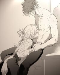 2boys abs alhaitham_(genshin_impact) chair genshin_impact greyscale kaveh_(genshin_impact) kissing kissing_belly kissing_stomach looking_at_another male_focus medium_hair monochrome muscular muscular_male pants short_hair sitting topless topless_male yaoi