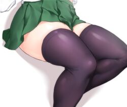 green_skirt onsoku_inu pale-skinned_female pale_skin sitting skirt thick thick_thighs thighhighs unknown_character white_fur white_shirt