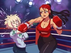 1boy 1girls boxing boxing_gloves boxing_match boxing_ring breasts cleavage contessa dark-skinned_female dark_skin deathzera female femdom fight larger_female light-skinned_male light_skin male max mixed_boxing mouthguard orignal_character platinum_blonde_hair punch red_boxing_gloves red_eyes red_gloves red_sports_bra smaller_male sports_bra tagme