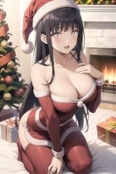 1girls ai_generated black_hair christmas christmas_outfit christmas_tree cleavage female fireplace hyuuga_hinata long_hair naruto naruto_shippuden on_knees pixai presents santa_costume santa_hat smile white_eyes