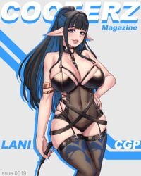 1girls bdsm_outfit belly_button belly_button_visible_through_clothing big_breasts black_hair blue_eyes blue_nails clothed clothing cooterzi fake_magazine_cover female female_only femdom gray_scaling_(copyright) indie_virtual_youtuber lani_(gray_scaling) light-skinned_female light_skin magazine_cover pointy_ears ponytail solo virtual_youtuber whip