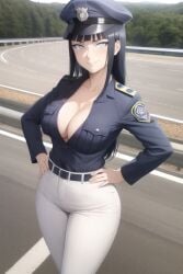 1girls ai_generated black_hair cleavage female hands_on_hips hyuuga_hinata long_hair naruto naruto_shippuden outside pixai police police_uniform road smile white_eyes