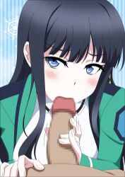 1boy 1girls atelier_gons big_breasts black_hair blowjob blue_eyes blush censored close_to_orgasm cute eye_contact female fringe grabbing_penis handjob handjob_while_sucking head_tilt long_hair mahouka_koukou_no_rettousei oral pale-skinned_female petite pov school_uniform schoolgirl shiba_miyuki shy slim smiling_at_viewer teenager