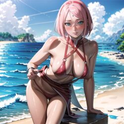 ai_generated alyxra beach bikini blush breasts female female_focus green_eyes jordan53 looking_at_viewer milf naruto outdoors pink_hair sakura_haruno seaside solo stable_diffusion swimsuit