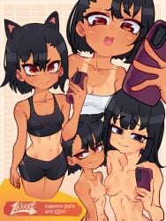 2girls animal_ears artist_logo artist_name bike_shorts black_hair breast_comparison breasts breasts_comparison cameltoe cat_ears cleavage collarbone comparing_breasts english female female_only hayase_nagatoro holding_object holding_phone lexart_thighzzzz misaki_nagatoro multiple_girls open_mouth phone please_don't_bully_me,_nagatoro sister sister_and_sister sisters small_breasts sports_bra sports_shorts tan tan_body tan_skin tanline tanlines tanned text twitter_username