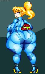 armor ass ass_focus blonde_hair breasts helmet helmet_with_visor metroid nintendo samus_aran thick_thighs tight_clothing usamari_atari varia_suit_helmet wide_hips zero_suit zero_suit_samus