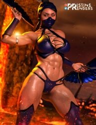 3d abs armlet artist_name assassin big_breasts breasts busty edenian female female_focus female_only hair_ornament hairbun kitana lava looking_at_viewer masked masked_female mortal_kombat mortal_kombat_11 muscular muscular_thighs patreon_username princess pristinerenders render royalty solo solo_female solo_focus thighs toned toned_female twitter_username volcanic_setting volcano weapon weapons