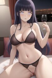 1girls ai_generated bed breasts female girlfriend hotel hotel_room hyuuga_hinata lingerie long_hair naruto naruto_shippuden night nipples on_bed penthouse pixai purple_hair pussy see-through skinny vagina white_eyes wine wine_glass