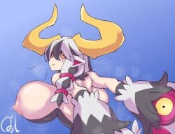 alternate_version_available astjiete behind_view bimbo breasts cow_ears cow_girl cow_horns cow_print disgaea disgaea_6 evil_eye_(disgaea) exposed_breasts gigantic_breasts huge_breasts hyper_breasts lactating lactation large_breasts looking_back monster_girl nippon_ichi_software sideboob