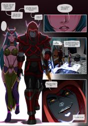 1boy 1girls aqua_hair big_breasts blizzard_entertainment bondage comic comic_page darkra dialogue druid_(warcraft) english_text kelsier_sharpsun lulusa_wildmist male original_character page_3 pink_skin rope void_elf warcraft wide_hips world_of_warcraft