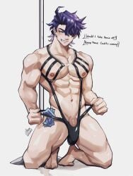 1boy abs bara blue_hair english_text gay honkai:_star_rail honkai_(series) male male_only muscular muscular_male pecs penis presenting_penis sampo_(honkai_star_rail) shiny_penis smirk solo solo_male stripper stripper_pole swimsuit thighs thombrownie yaoi