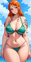ai_generated artist_request bikini bikini_bottom blue_sky breasts closed_mouth cloud curvy day female female_only green_bikini hi_res highres large_breasts long_hair looking_at_viewer nami_(one_piece) navel no_pants one_piece orange_eyes orange_hair outdoors post-timeskip shoulder_tattoo sky smile stable_diffusion swimsuit tattoo thick_thighs thighs