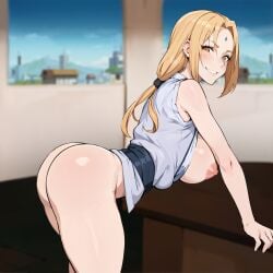 absurdres ai_generated ass bent_over blonde_hair blurry blurry_background blush bottomless breasts breasts_out cloud day embarrassed facial_mark feet_out_of_frame female female_focus forehead_mark highres indoors kisou large_breasts legs long_hair looking_at_viewer mature_female naruto naruto_(series) nipples no_panties orange_eyes sky smile solo table thighs tsunade twintails window