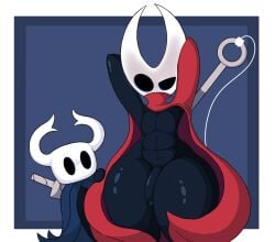 anthro arthropod black_body cape cloak clothing duo foreskin gay gay_sex genderswap genderswap_(ftm) genitals hands_behind_head hi_res hollow_knight horn hornet_(hollow_knight) male penis poraka7 protagonist_(hollow_knight) rule_63 team_cherry yaoi