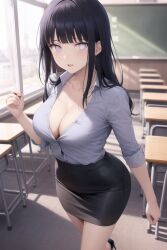 1girls ai_generated classroom cleavage female hyuuga_hinata hyuuga_hinata long_hair miniskirt naruto naruto_shippuden pixai purple_hair teacher tight_clothing white_eyes