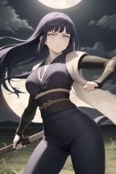 1girls ai_generated female heroine hyuuga_hinata hyuuga_hinata long_hair moon naruto naruto_shippuden night ninja ninja_outfit outside pixai purple_hair sword white_eyes