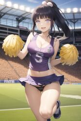 1girls ai_generated black_hair cheerleader cleavage female happy hyuuga_hinata hyuuga_hinata long_hair naruto naruto_shippuden outside panties pixai pom_poms ponytail skirt stadium white_eyes