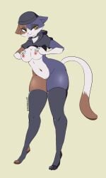 1girls anthro black_legwear breasts choker epic_games eyeshadow fangs feline female fortnite furry hat hidden-cat hoodie hoodie_lift makeup meow_skulls_(fortnite) navel nipples simple_background skindentation smile solo standing tail thighhighs toeless_legwear underwear yellow_eyes