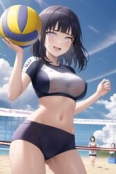 1girls ai_generated beach belly female having_fun hyuuga_hinata hyuuga_hinata laugh naruto naruto_shippuden nipples outside pixai purple_hair see-through short_hair sunny_day volleyball volleyball_uniform wet white_eyes