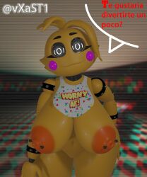 1girls 3d 3d_(artwork) anthro areolae artist_name big_breasts breasts curvy dialogue female female_only five_nights_at_freddy's five_nights_at_freddy's_2 huge_breasts looking_at_viewer nipple_piercing nipples pussy scottgames spanish_dialogue spanish_text text text_bubble thick_thighs toy_chica_(fnaf) translated voluptuous vxast wide_hips