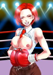 1girls arena bare_shoulders bedroom_eyes big_breasts boxing boxing_gloves boxing_ring breasts breasts_out breasts_out_of_clothes brown_pants button_down_shirt clothing female female_only gloves half-closed_eyes king_of_fighters light-skinned_female light_skin looking_at_viewer midriff motion_lines mouthguard nipples pants_down pounding_boxing_gloves_together pounding_gloves_together red_boxing_gloves red_eyes red_gloves red_hair red_tie saliva santos short_hair sleeveless sleeveless_shirt snk solo thick thick_hips thick_thighs tie tongue tongue_out topless topless_boxing topless_female vanessa_(kof) video_games white_shirt wide_hips