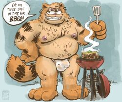 anthro barbecue bulge clothed clothing columbia_pictures cooking domestic_cat felid feline felis food garfield_(series) hi_res male mammal paws,_inc. shinyluvdisc sony the_garfield_movie_(2024) underwear underwear_only vic vic_(garfield)