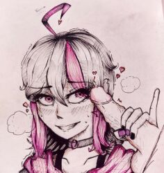 1boy 1boy1girl 1girls black_choker black_hair blush choker gx_aura handjob hearts_around_head holding_penis opera_gx pink_eyes pink_hair traditional_media_(artwork) virtual_youtuber white_penis