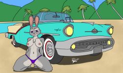 anthro breasts delta_dewitt detailed_background digital_media_(artwork) disney female fur grey_body grey_fur judy_hopps lagomorph leporid mammal nipples oldsmobile rabbit smile solo vehicle zootopia