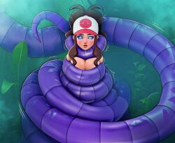 3d arbok asphyxiation baseball_cap blush brown_hair cleavage coiled game_freak hilda_(pokemon) hypnosis kaa_eyes kingocrsh long_ponytail nintendo pokemon pokemon_bw ponytail snake